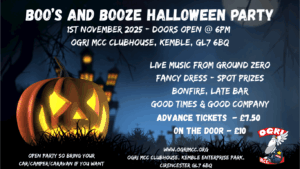 Shows a creepy scene advertising a boo's and Booze Halloween Party at OGRI MCC Clubhouse on 1st November 2025