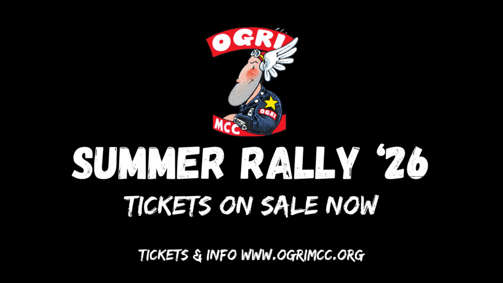 Text showing that the OGRI MCC Summer Rally 2026 tickets are on sale and the OGRI MCC Logo