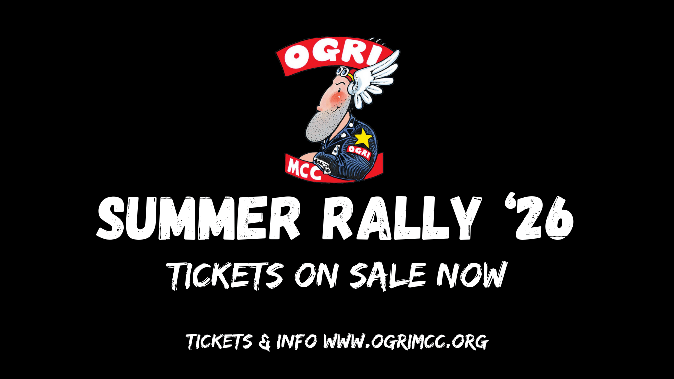 Text showing that the OGRI MCC Summer Rally 2026 tickets are on sale and the OGRI MCC Logo